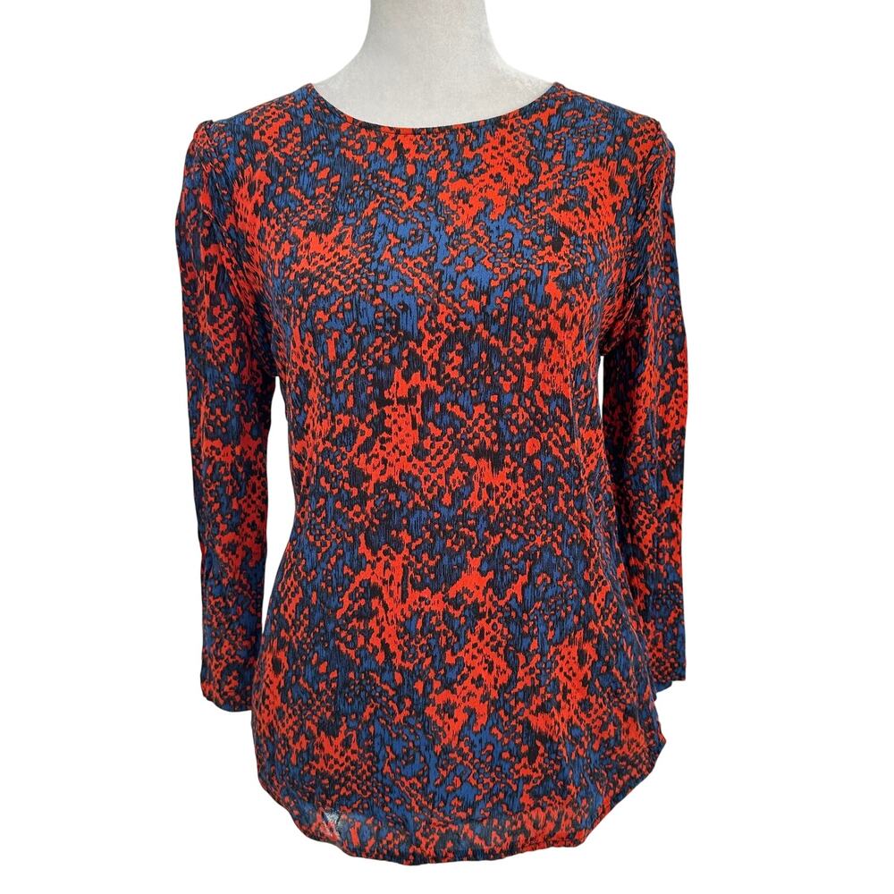 Sandro Designer Abstract Red Blue Cutout Back Blouse‎ Sz 1 = Size US 4 or Small